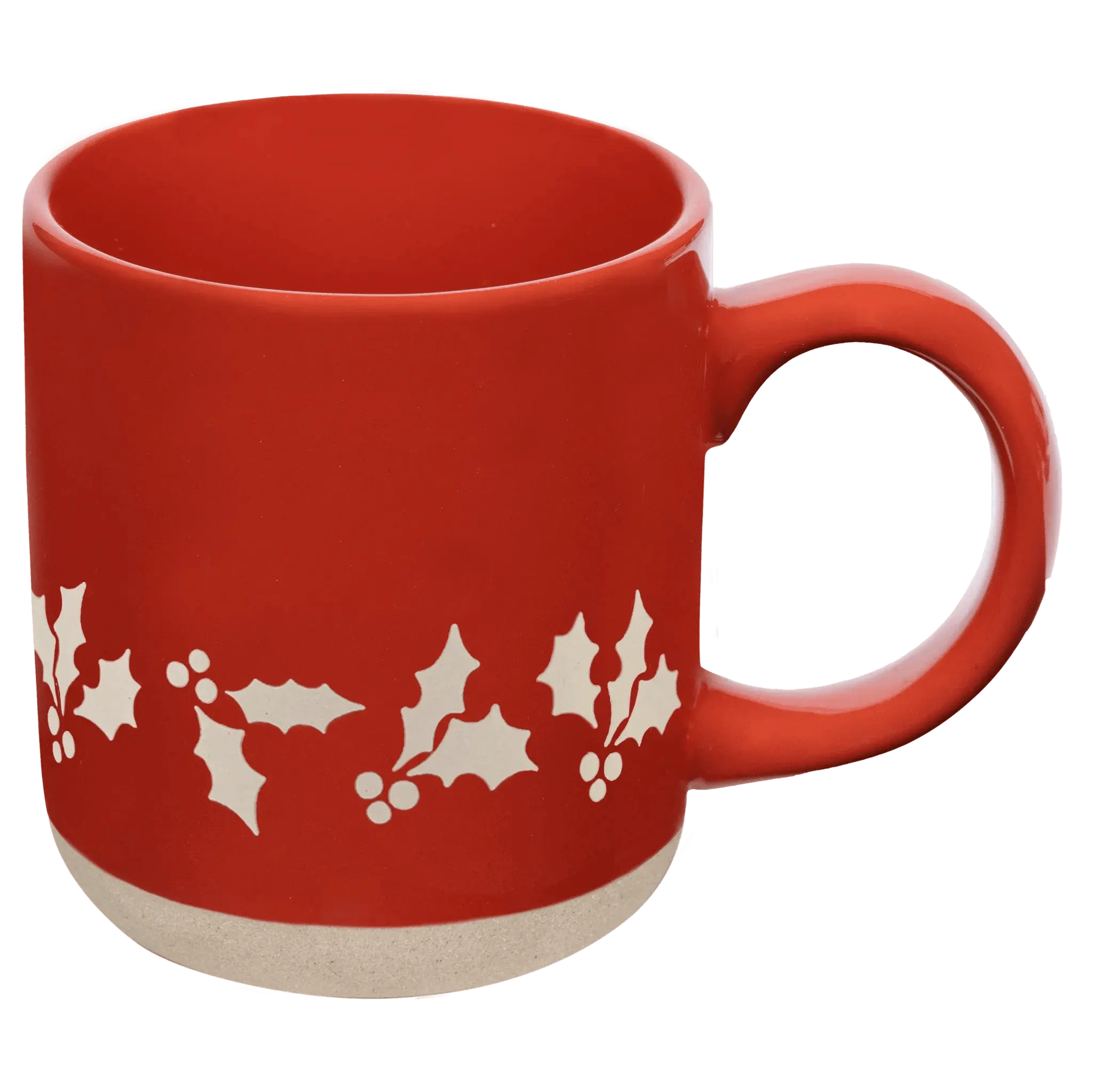 Red ceramic mug with white holly and berry design, cozy farmhouse holiday decor