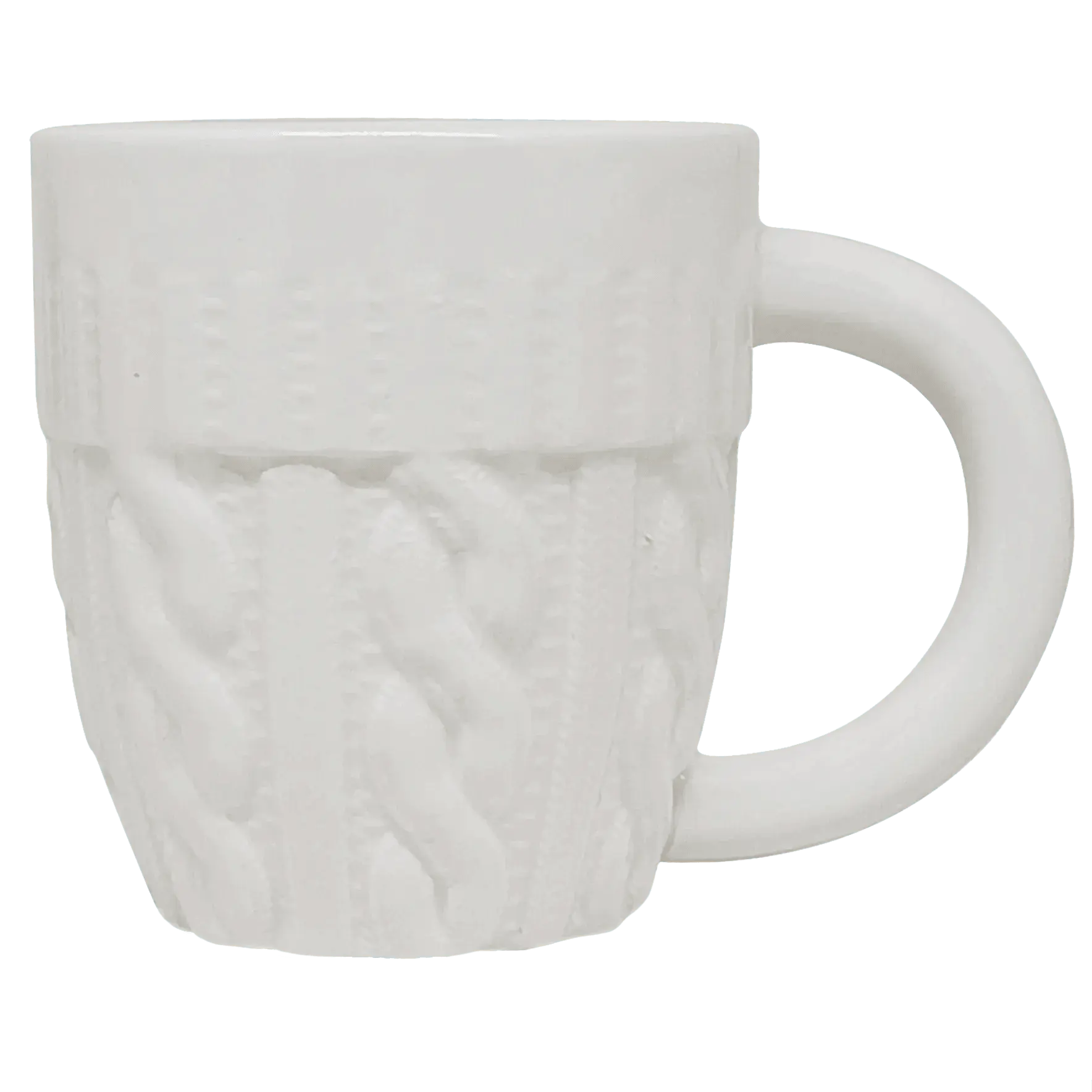 White ceramic mug with cozy cable knit sweater texture, perfect for farmhouse or cottage style home decor