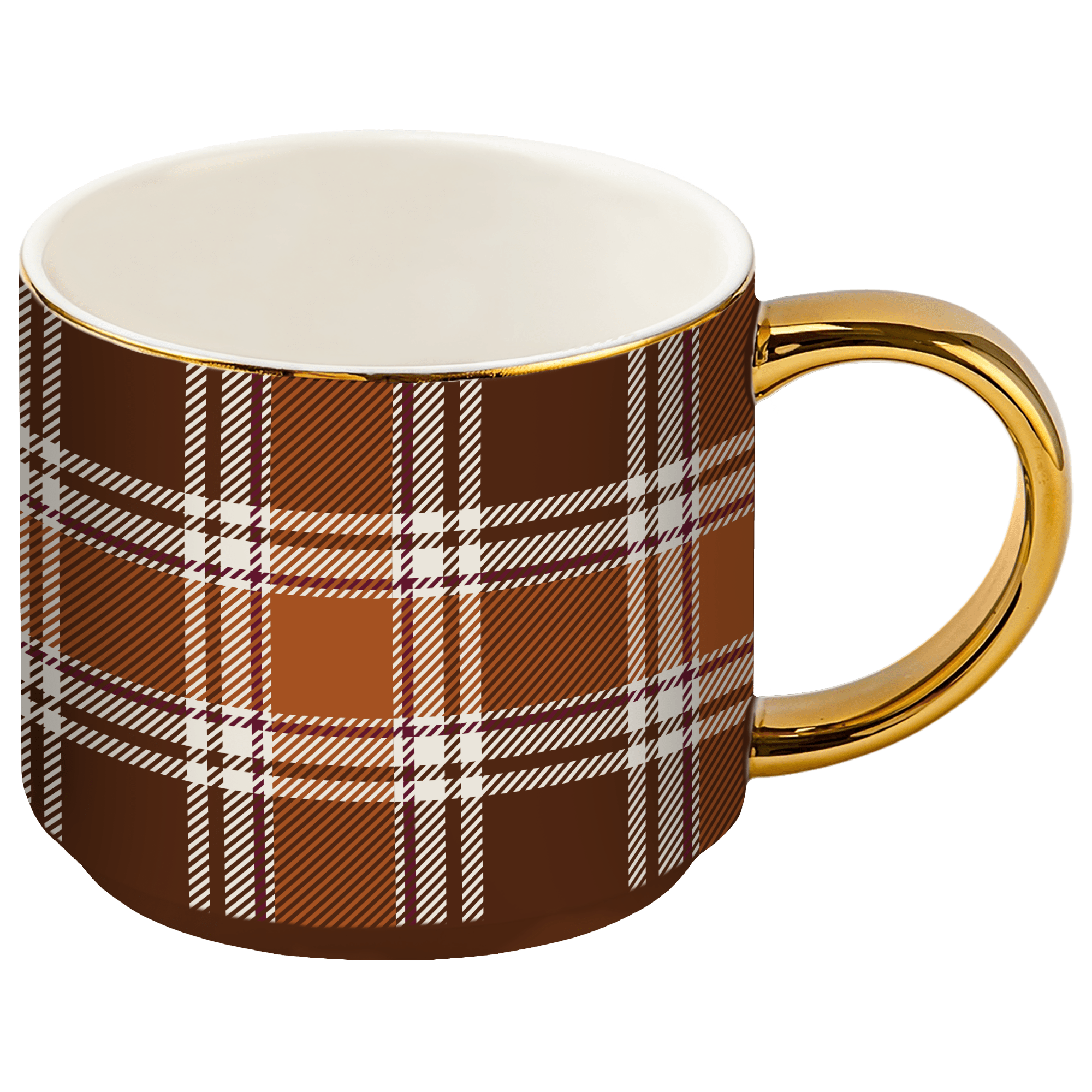 Brown plaid 14 oz fine bone china coffee mug with a real gold handle and gold rim, perfect for cozy fall coffee bars and autumn kitchen décor.