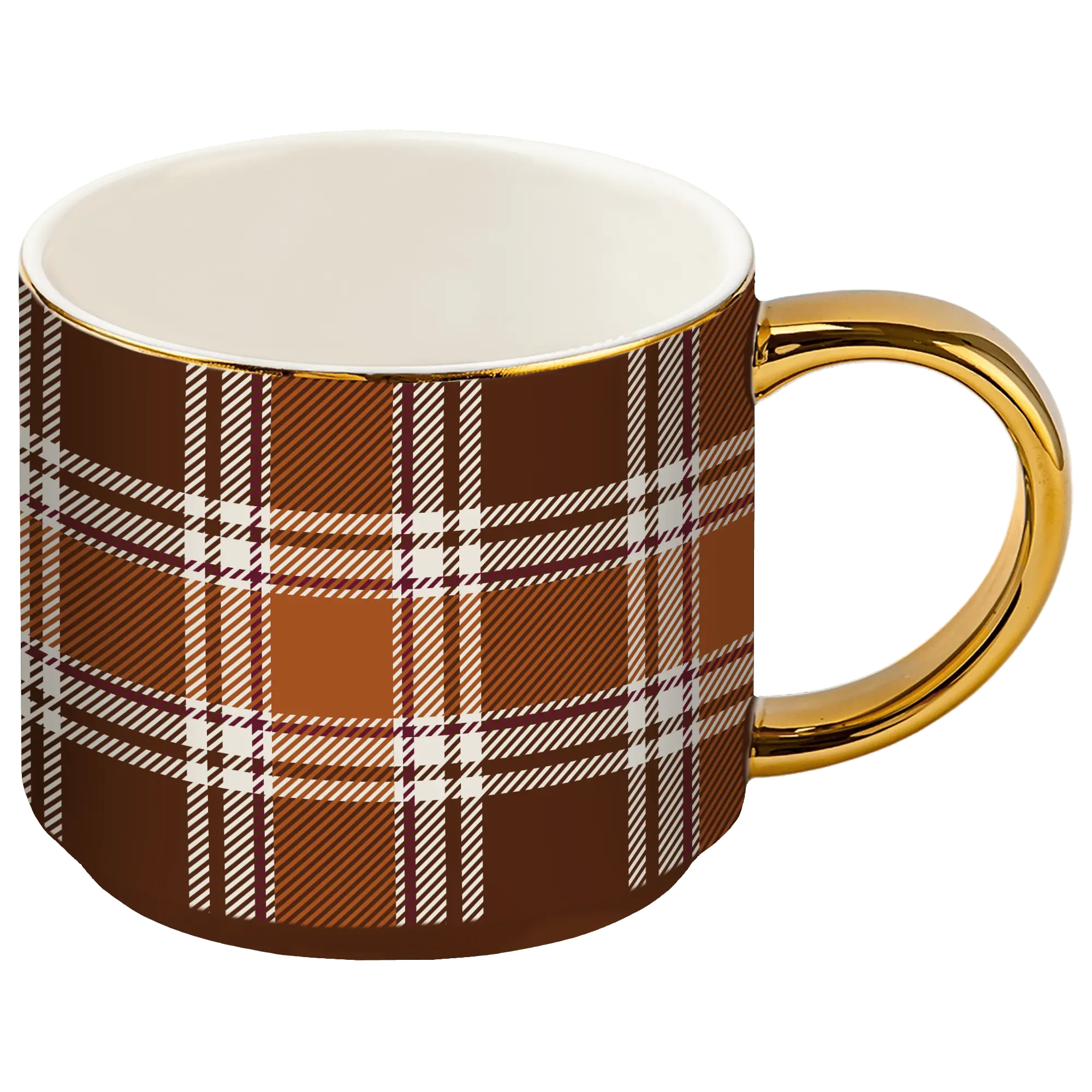 Brown plaid 14 oz fine bone china coffee mug with a real gold handle and gold rim, perfect for cozy fall coffee bars and autumn kitchen décor.