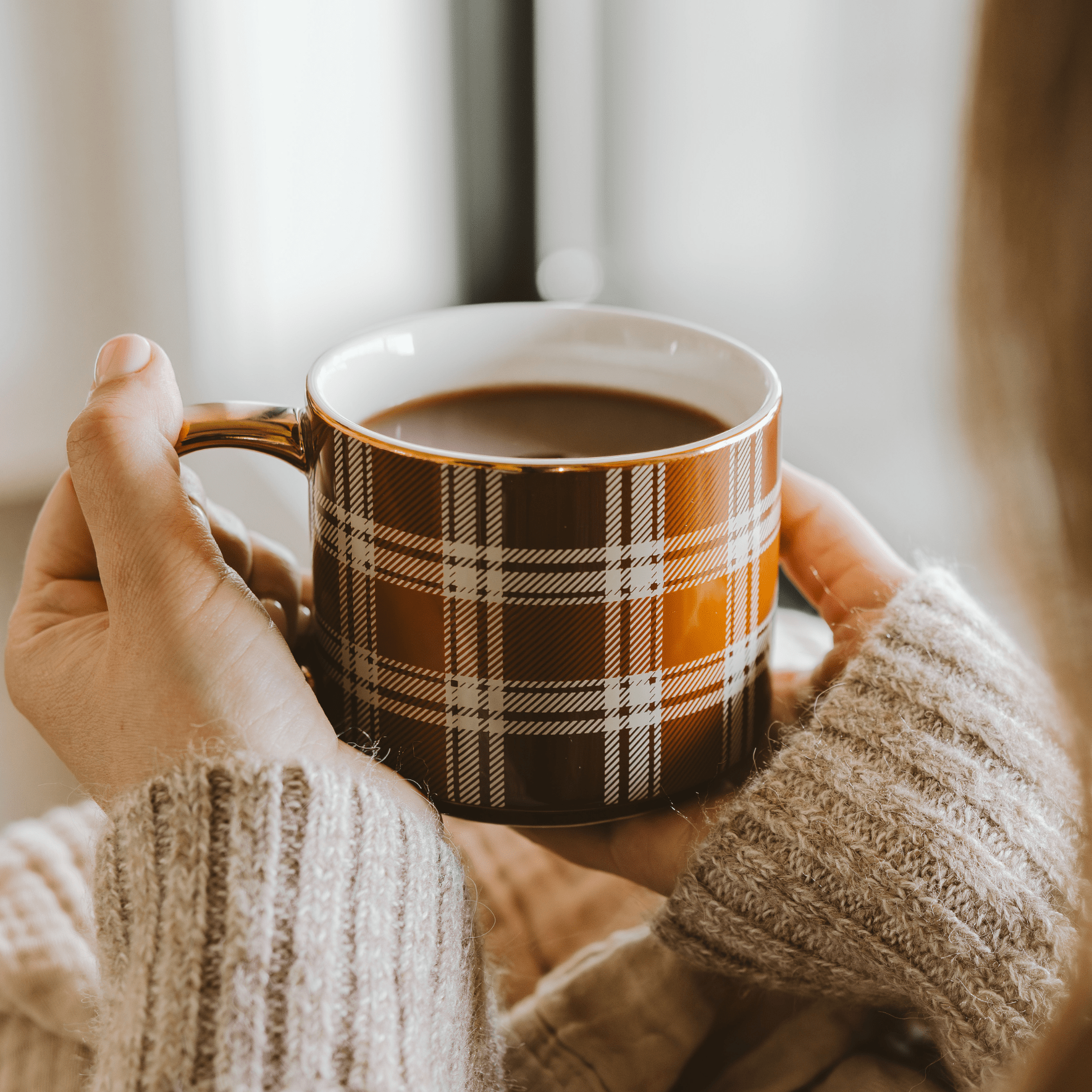 Brown plaid 14 oz fine bone china coffee mug with a real gold handle and gold rim, perfect for cozy fall coffee bars and autumn kitchen décor.
