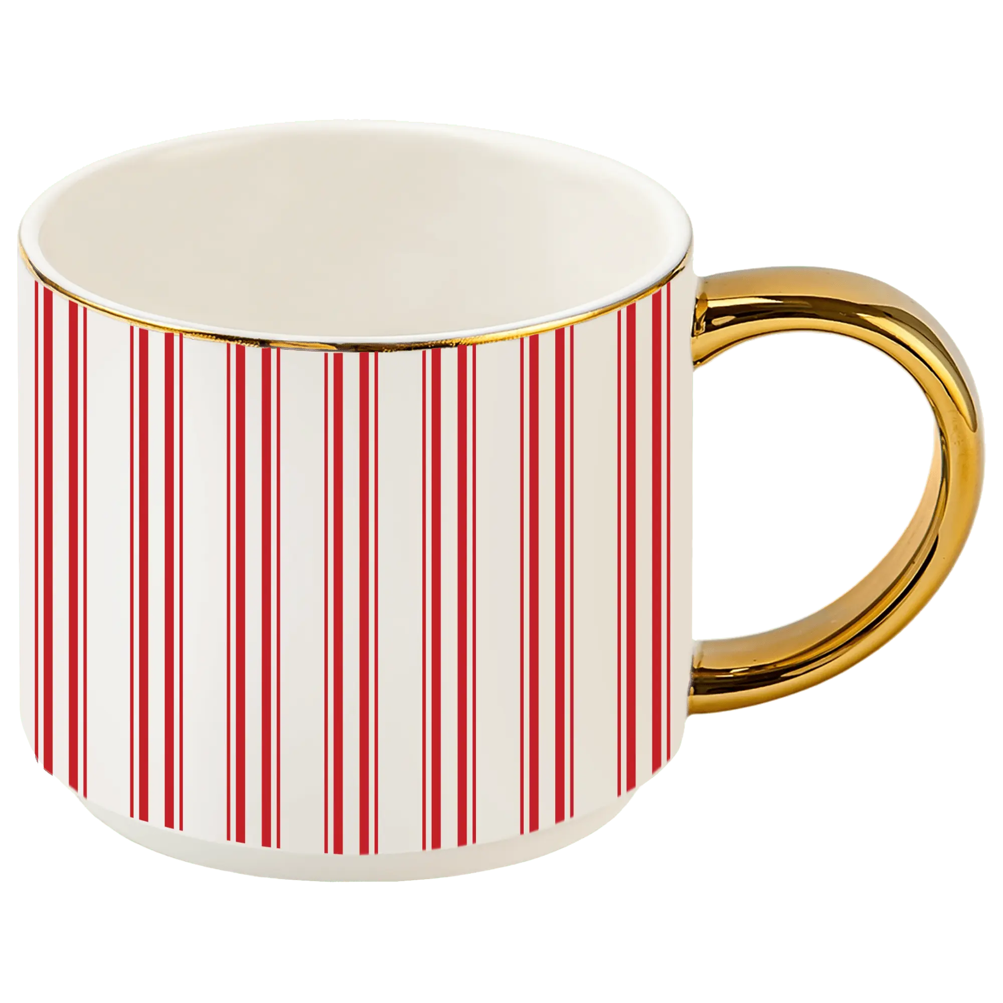 A white ceramic mug with vertical red stripes and a shiny gold handle, shown against a solid dark green background.