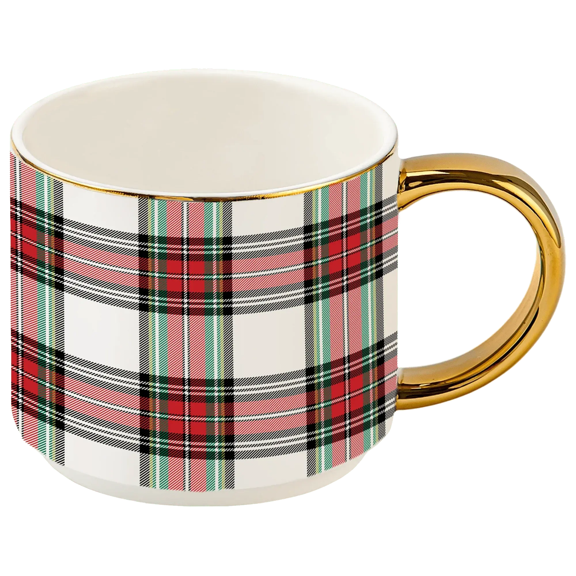 Red and green plaid mug with gold handle, cozy farmhouse holiday decor