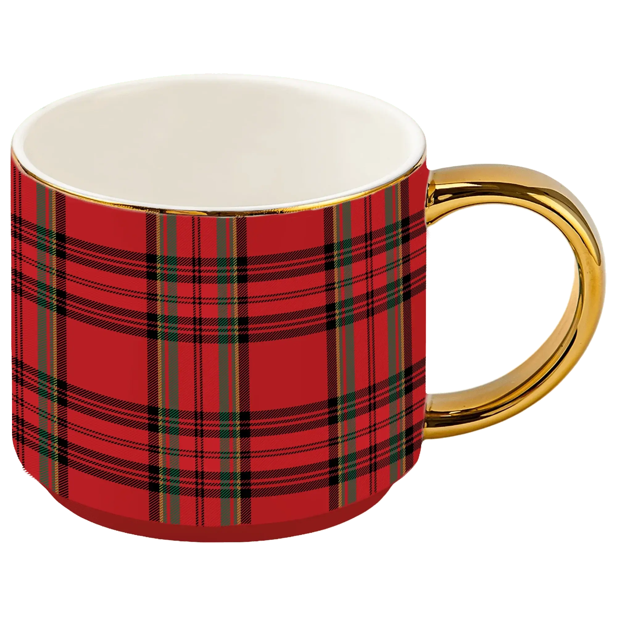 Red plaid mug with gold handle, cozy farmhouse style coffee cup for holiday decor