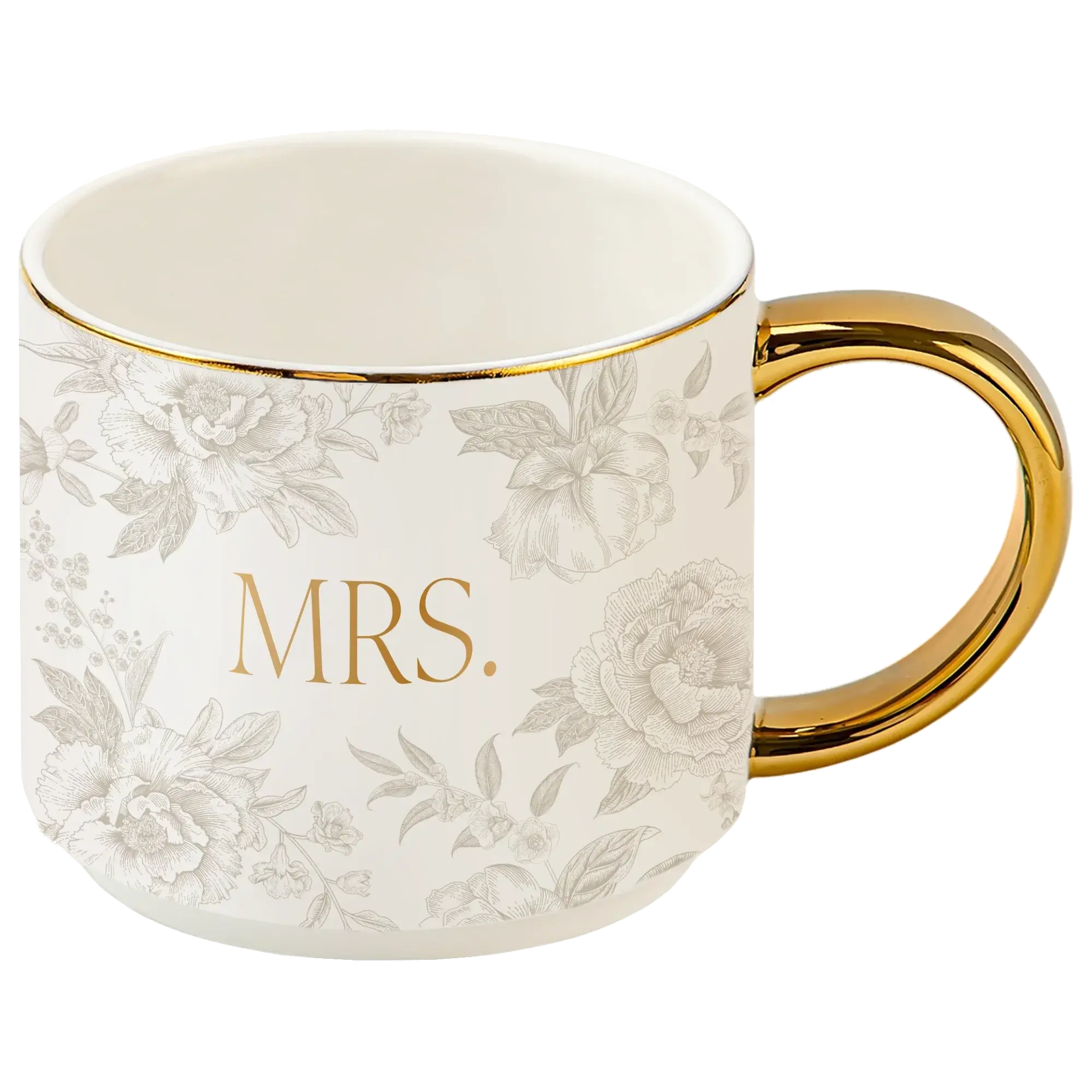 Elegant cream mug with gold 'MRS.' text, floral design, and gold handle, perfect for cozy farmhouse decor