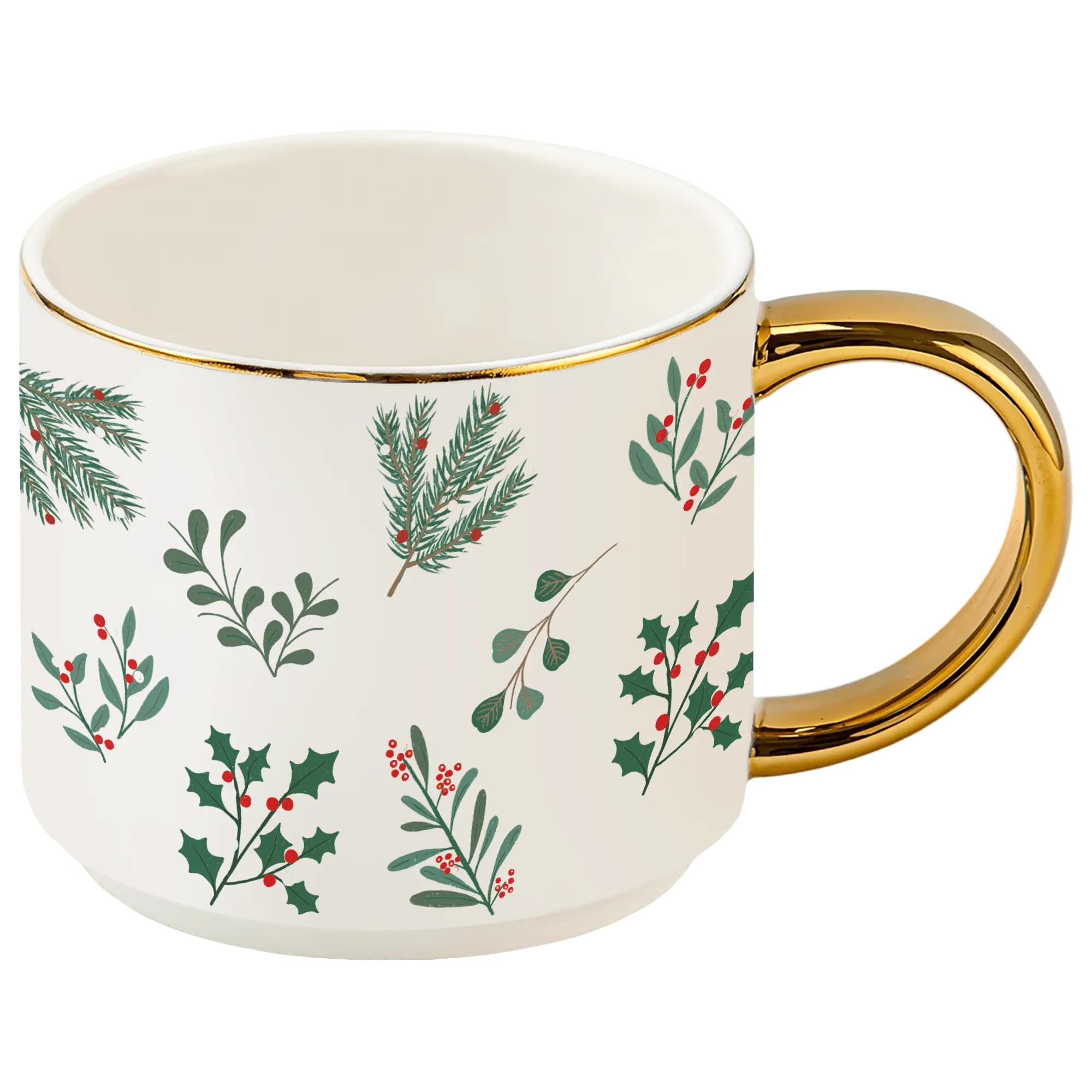 A white ceramic mug decorated with green holly and pine branches with red berries, featuring a gold rim and a gold handle, set against a solid dark green background.