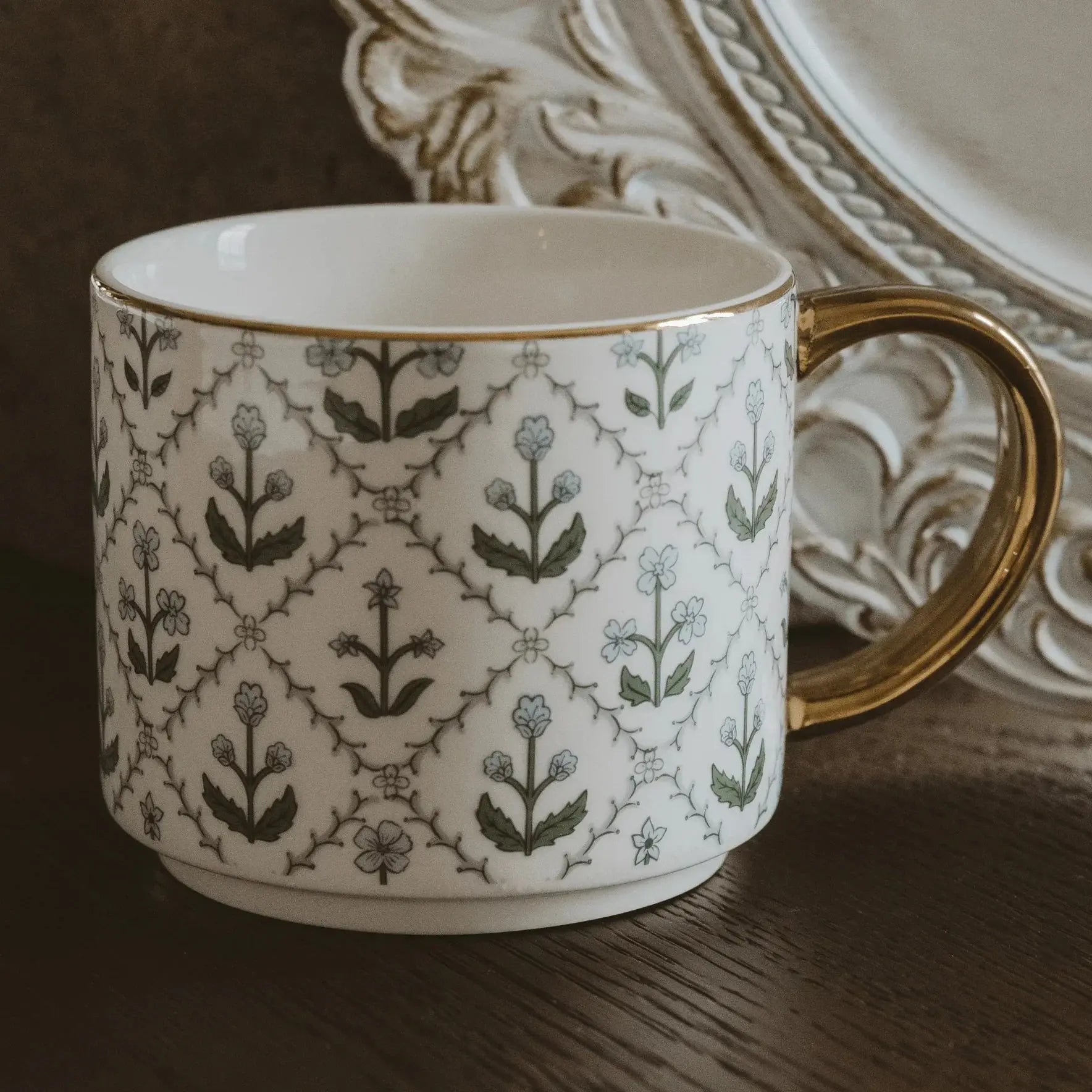 Floral patterned ceramic mug with gold handle, farmhouse cottage style home decor