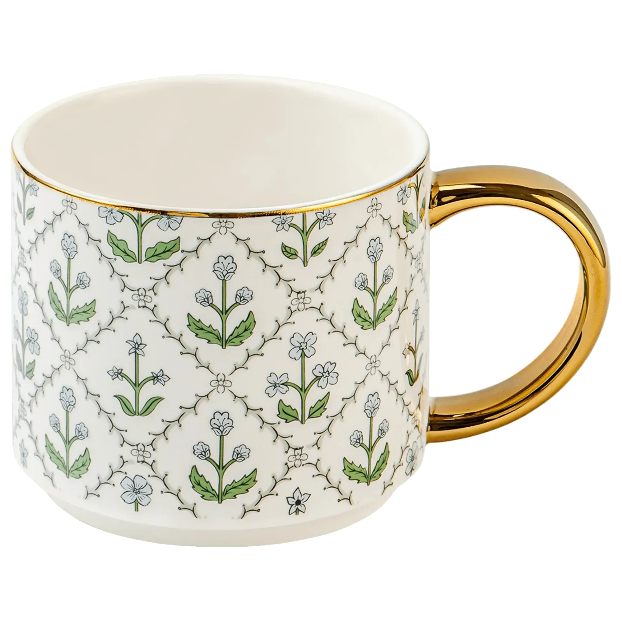 White ceramic mug with floral pattern, gold rim and handle, farmhouse cottage style home decor