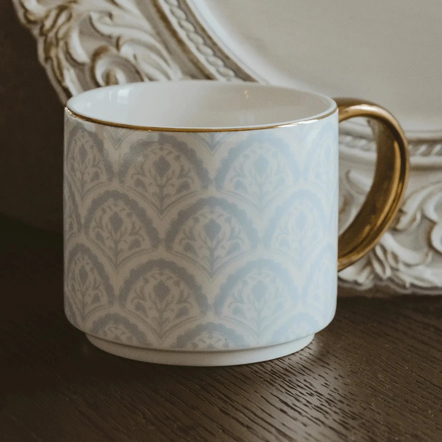 Elegant ceramic mug with blue-gray damask pattern, gold rim and handle, farmhouse cottage decor style