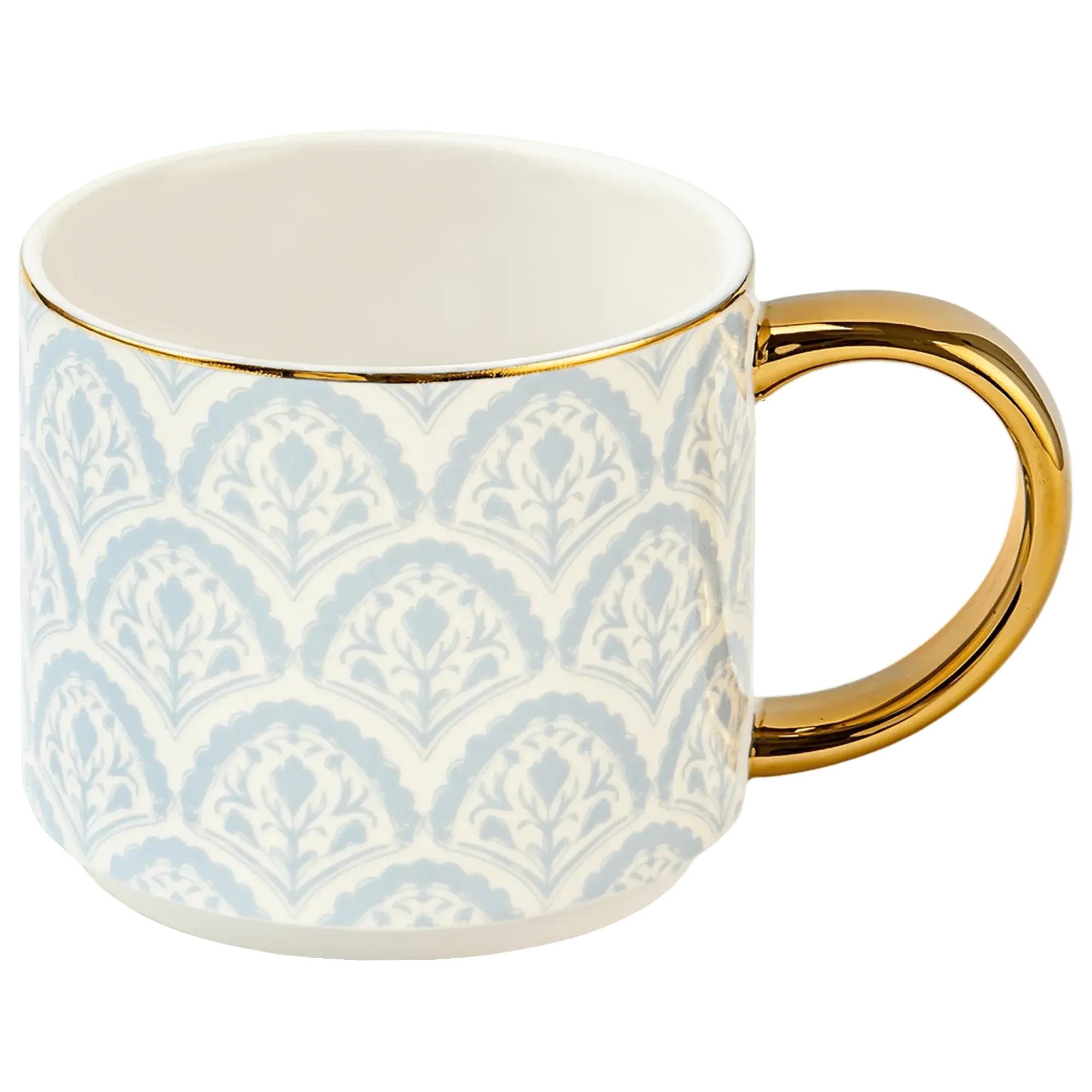 Elegant ceramic mug with blue damask pattern and gold handle, perfect for cozy farmhouse decor