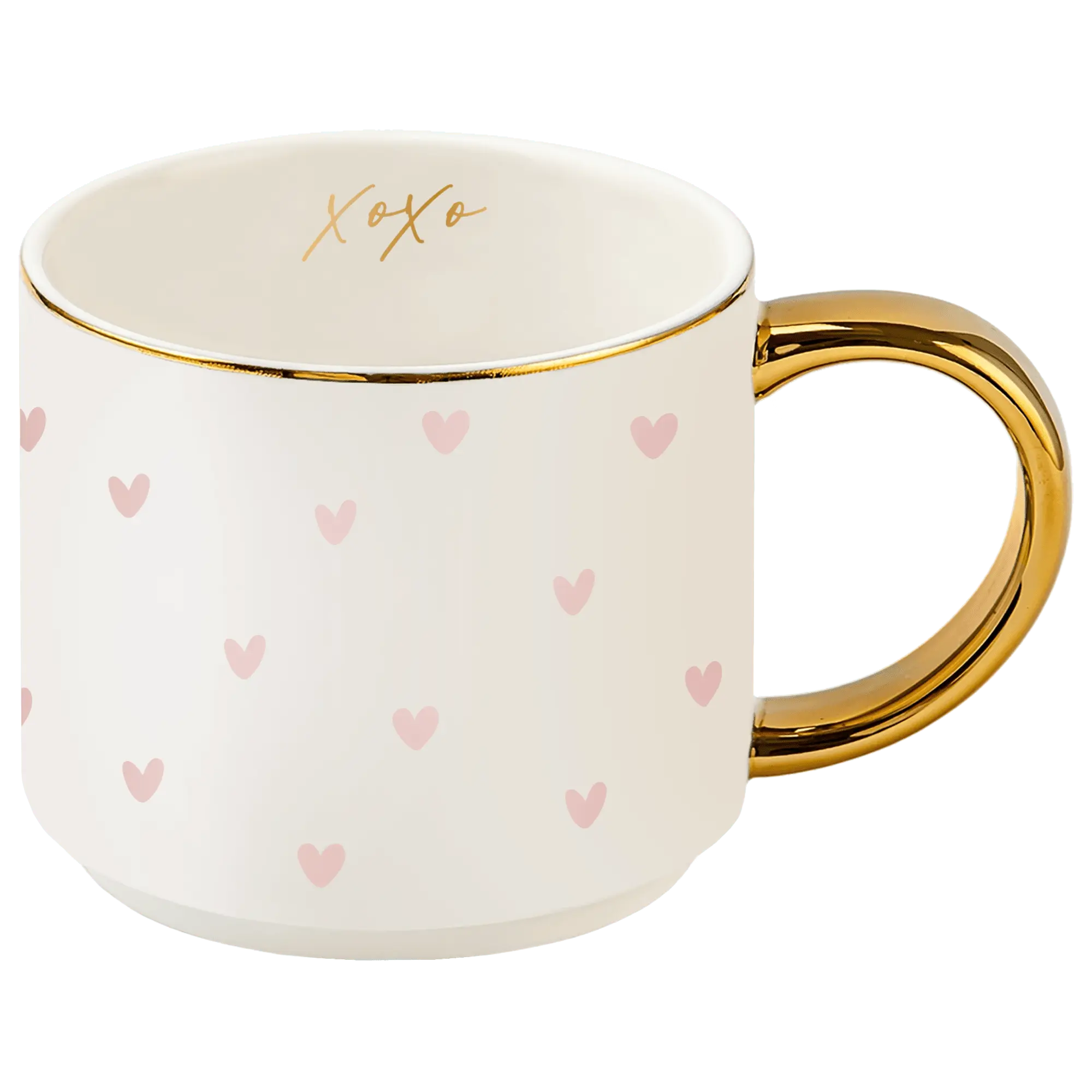 White mug with pink heart patterns and gold handle on a transparent background