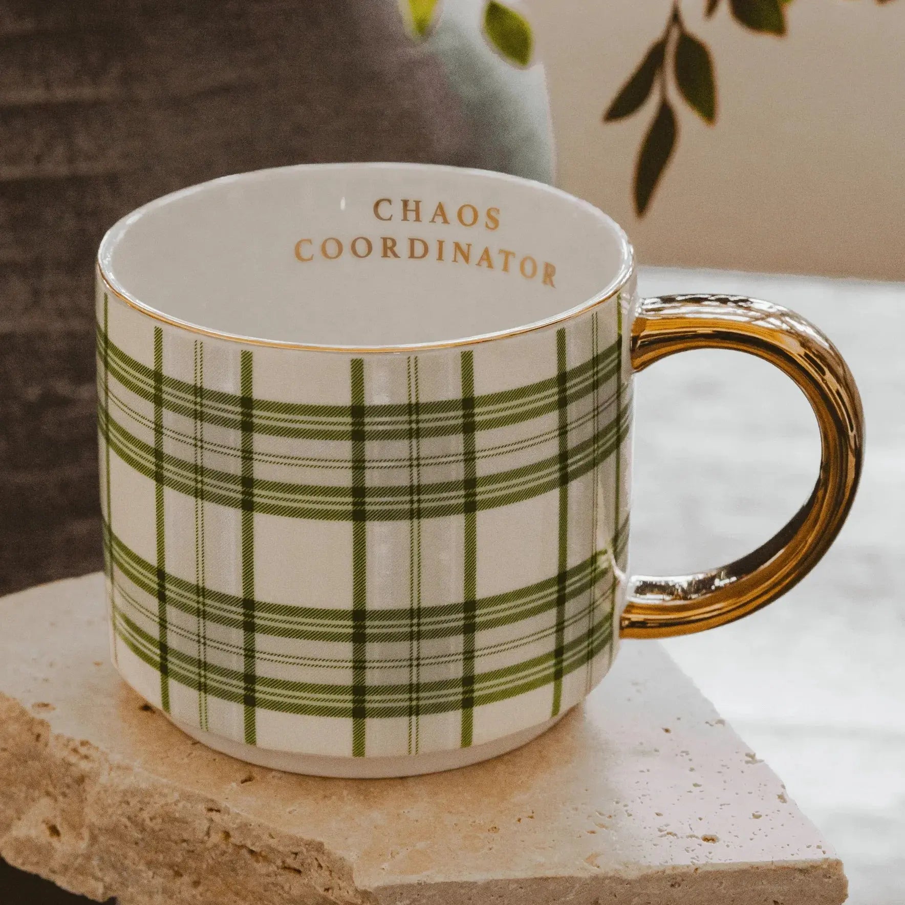 Green plaid mug with gold handle, 'Chaos Coordinator' inside, cozy farmhouse decor