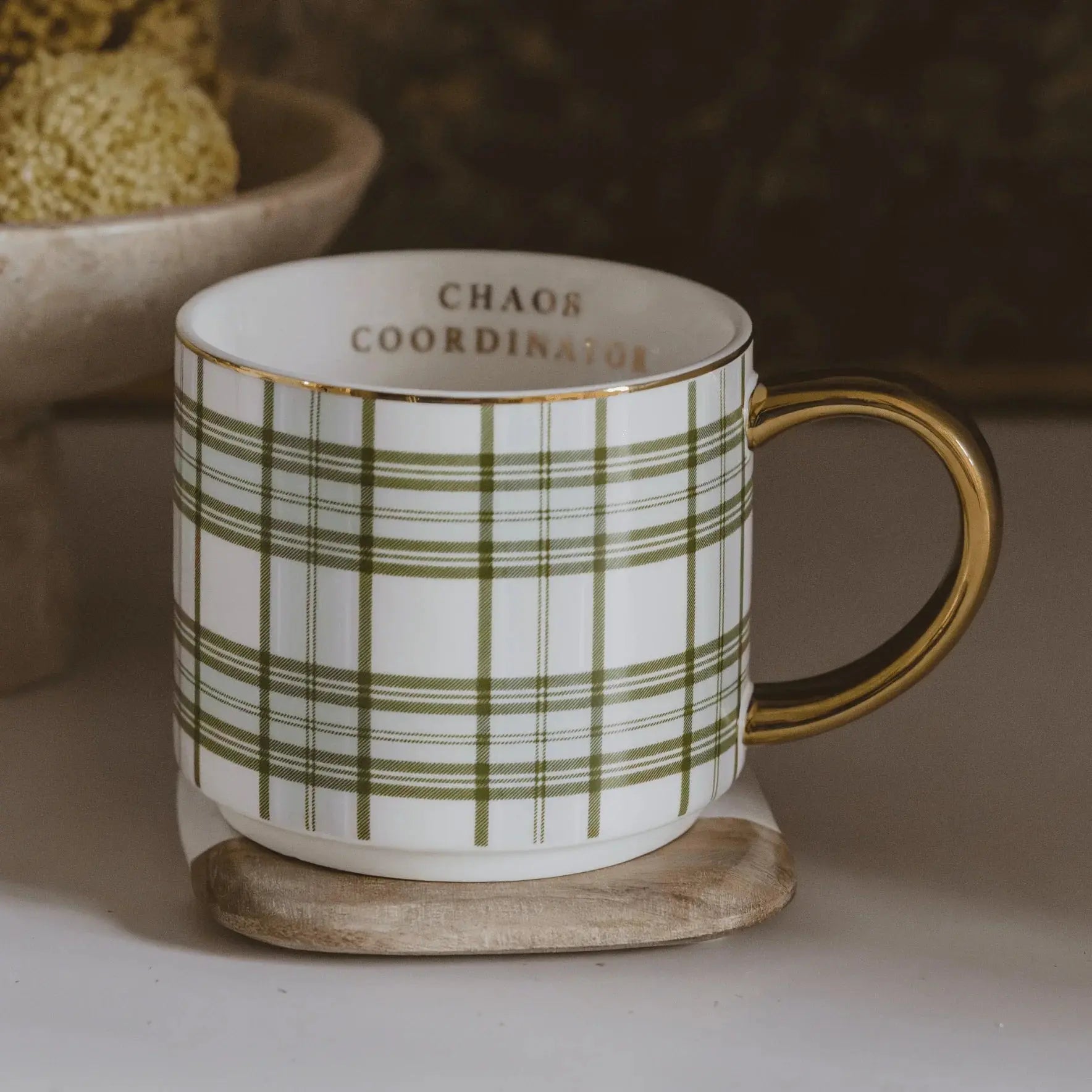 Green plaid ceramic mug with gold handle, 'Chaos Coordinator' inside, cozy farmhouse decor