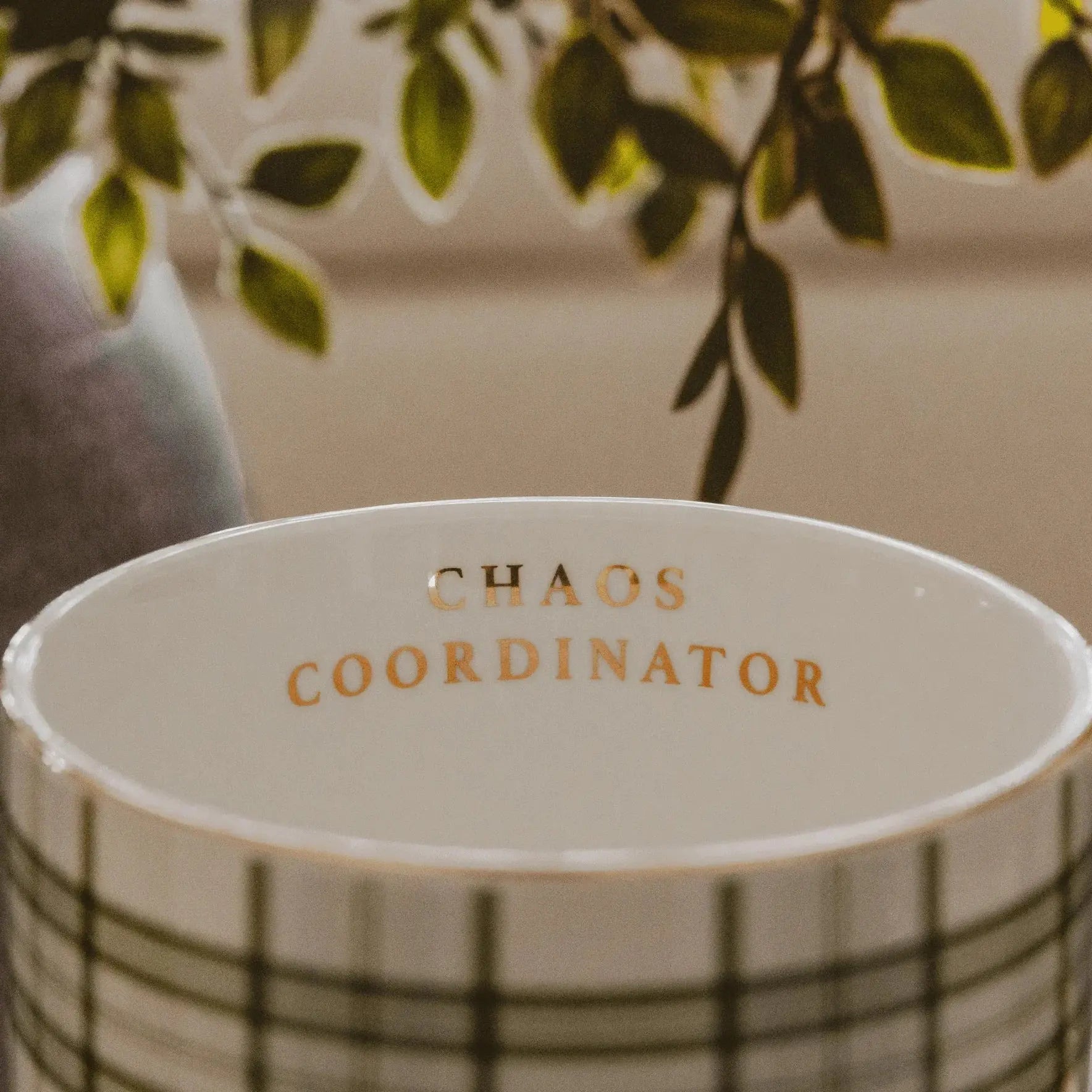 White ceramic mug with 'Chaos Coordinator' in gold, plaid pattern, cozy farmhouse decor