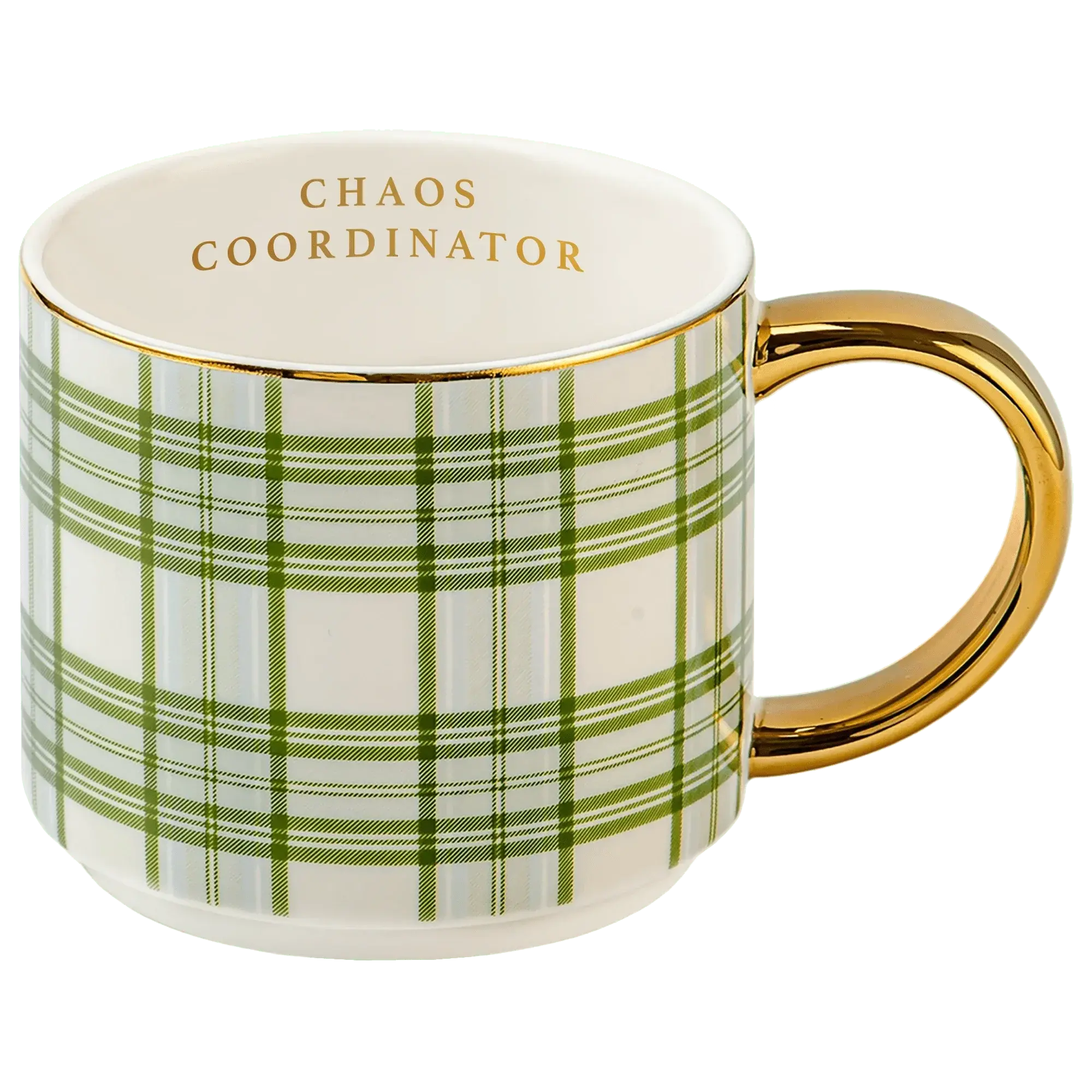 Green plaid ceramic mug with gold handle and 'Chaos Coordinator' text, cozy farmhouse decor