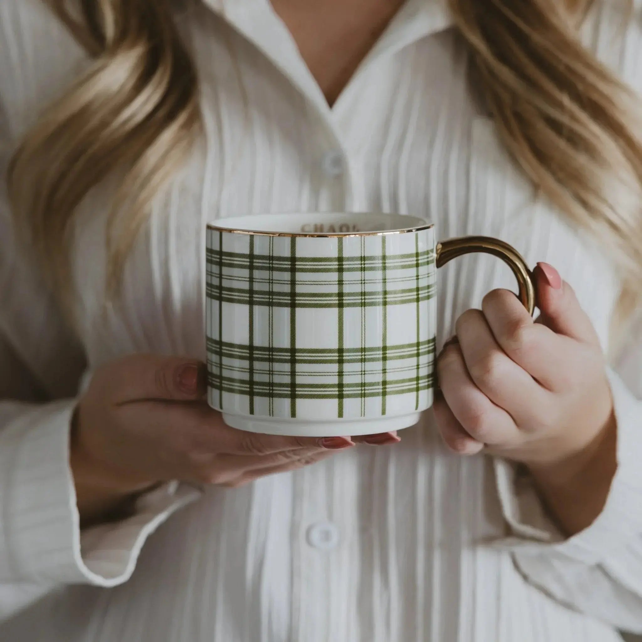 Green plaid mug with gold handle, cozy farmhouse style home decor