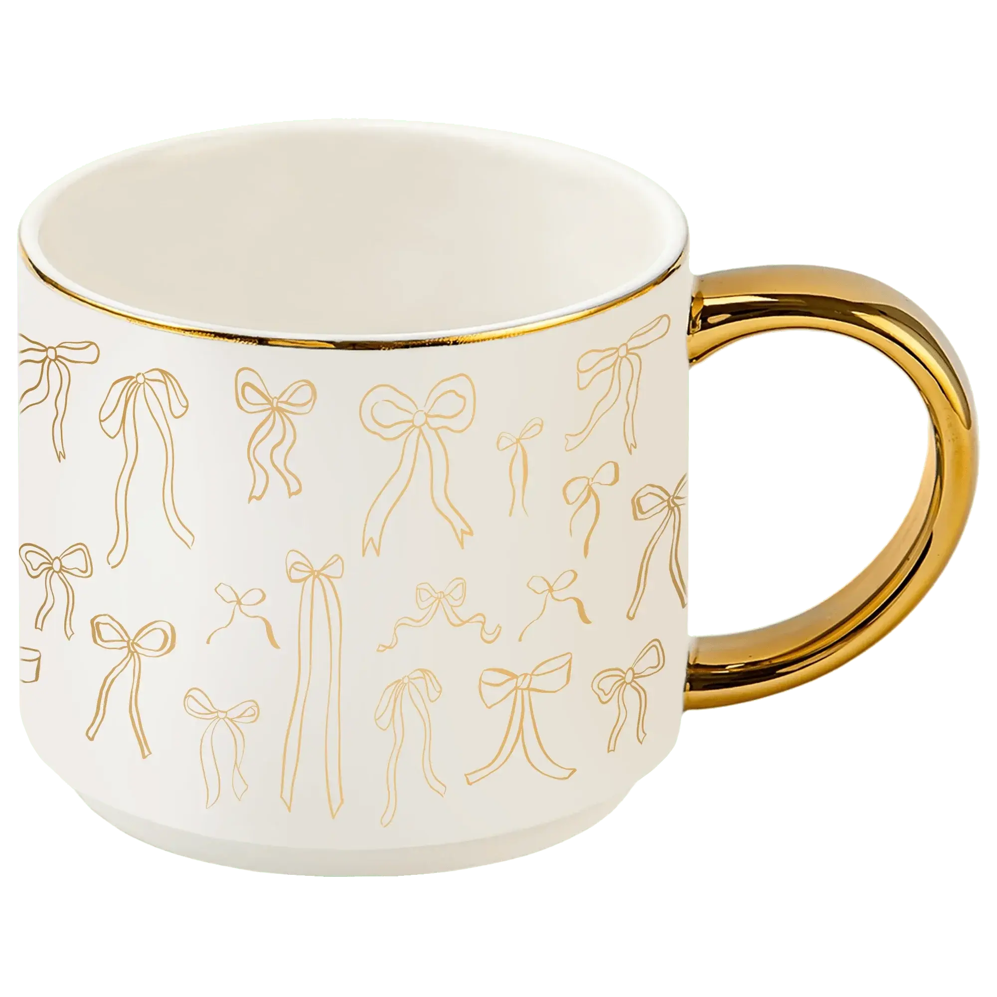 Cream ceramic mug with gold bow pattern and gold handle, cozy farmhouse decor