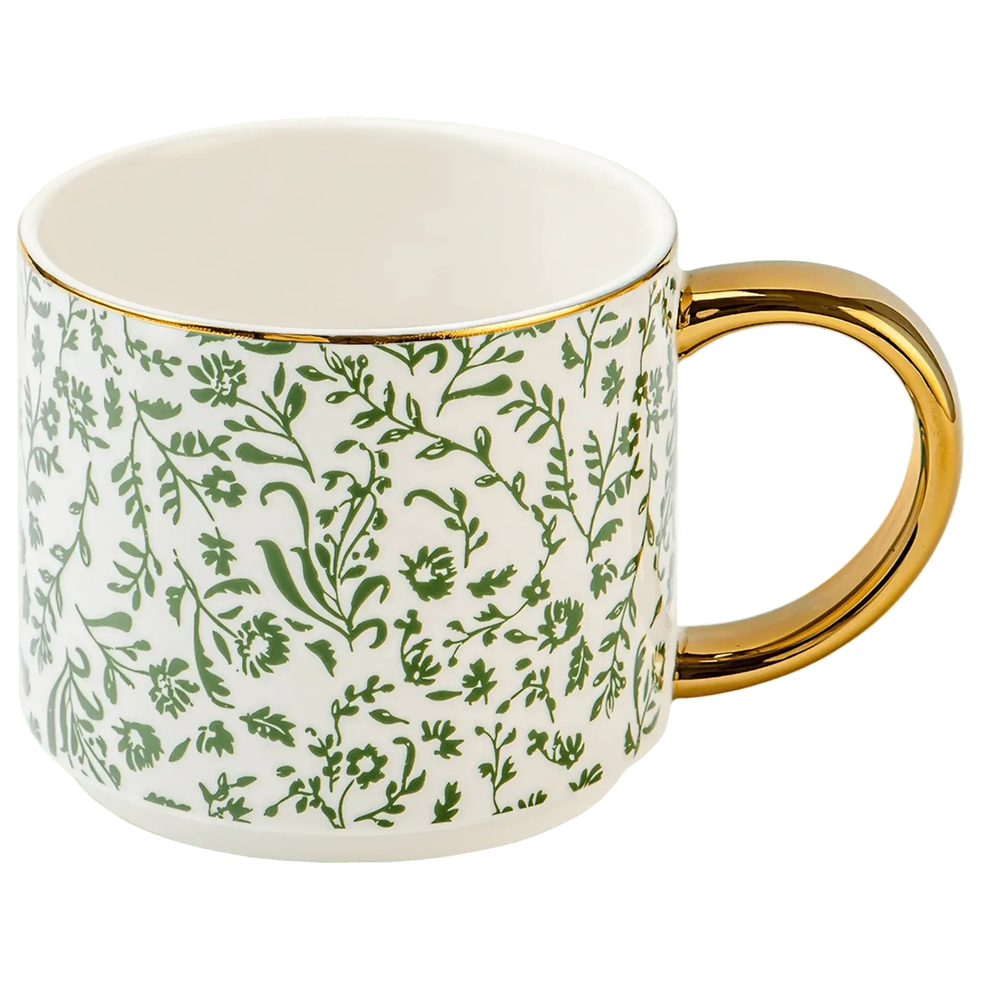 White ceramic mug with green floral pattern and gold handle, farmhouse cottage style home decor