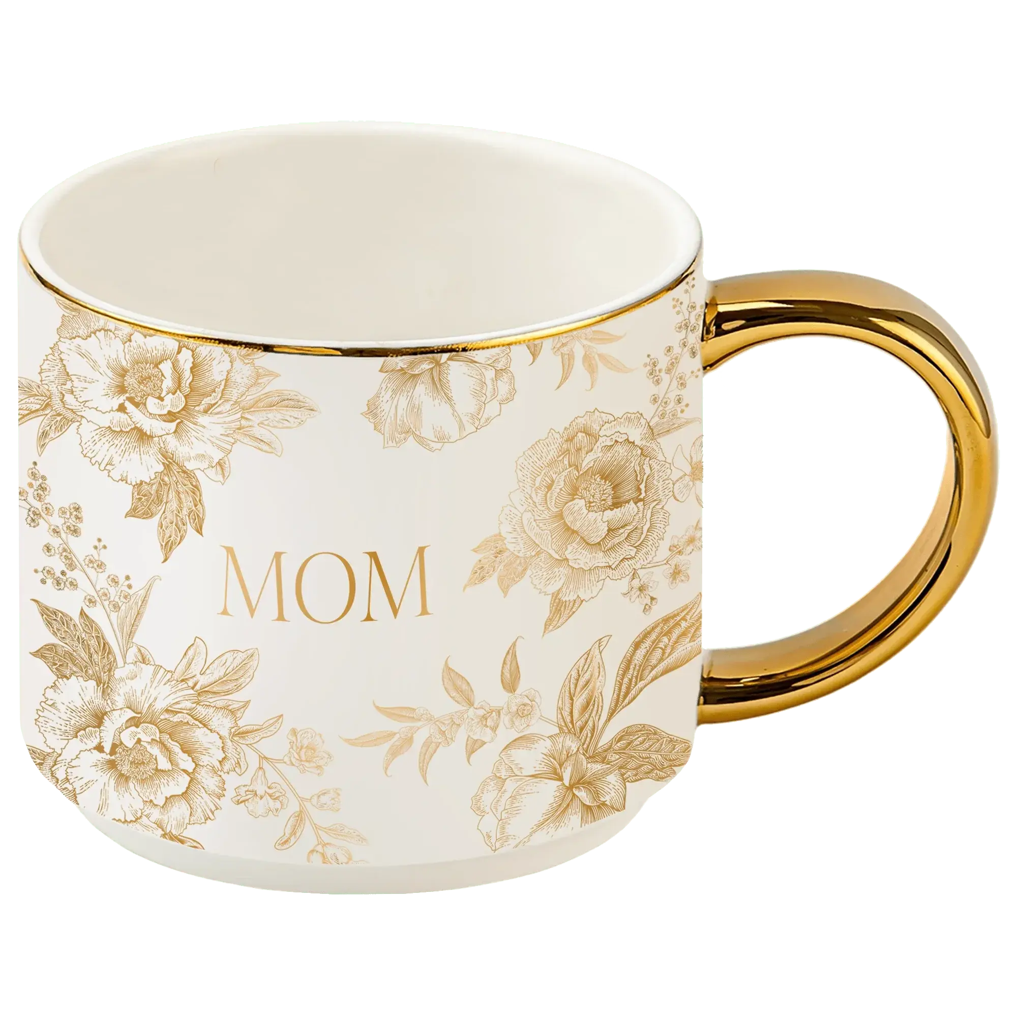 White ceramic mug with gold floral design and 'MOM' text, perfect for cozy farmhouse home decor gifts