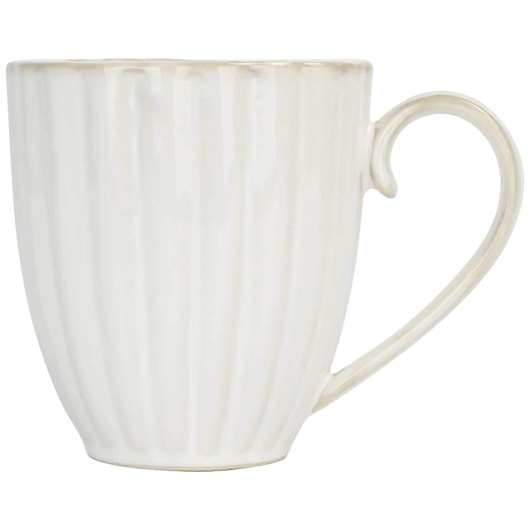Cream ribbed ceramic mug with heart-shaped handle, cozy farmhouse style coffee cup for home decor