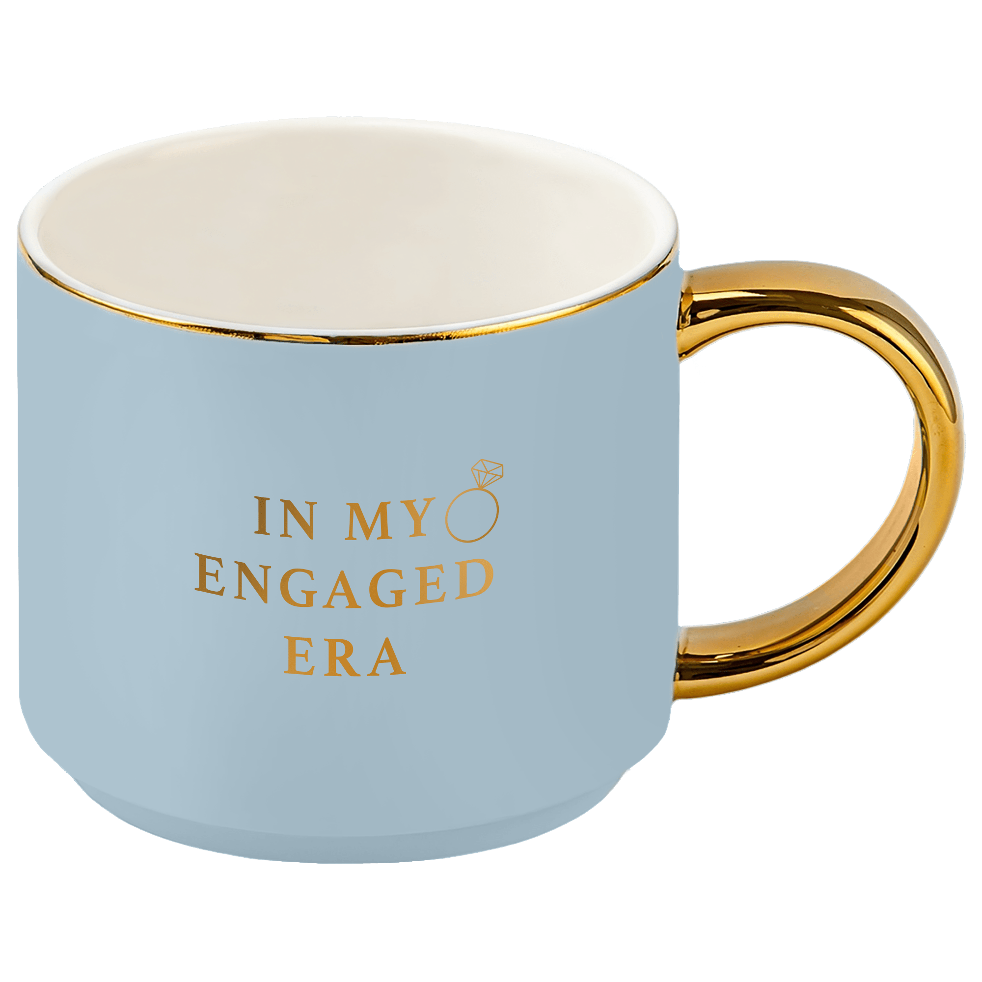 Light blue mug with gold handle and text 'IN MY ENGAGED ERA' on a clear background