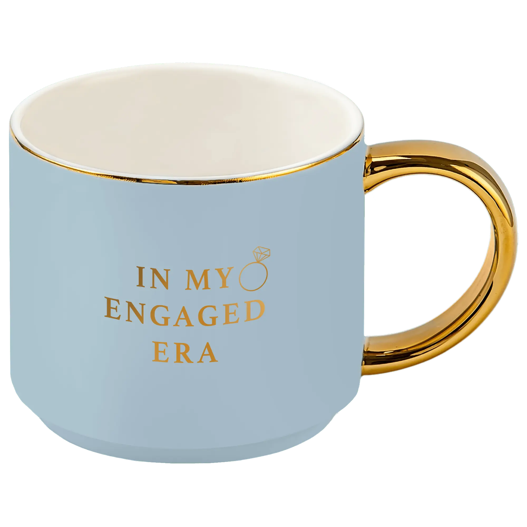 Light blue mug with gold handle and text 'IN MY ENGAGED ERA' on a clear background