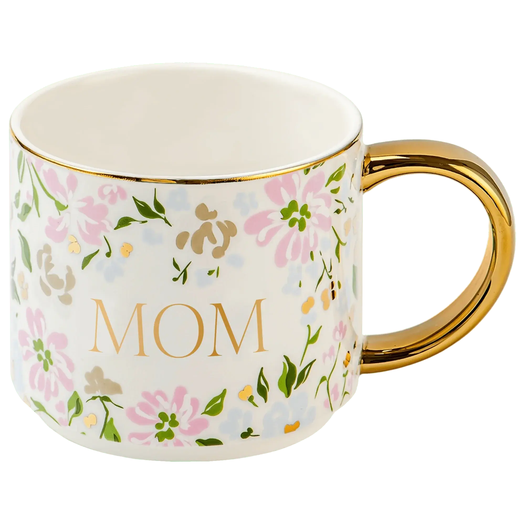 Floral ceramic mug with gold 'MOM' text, gold rim and handle, perfect for cozy farmhouse home decor gifts
