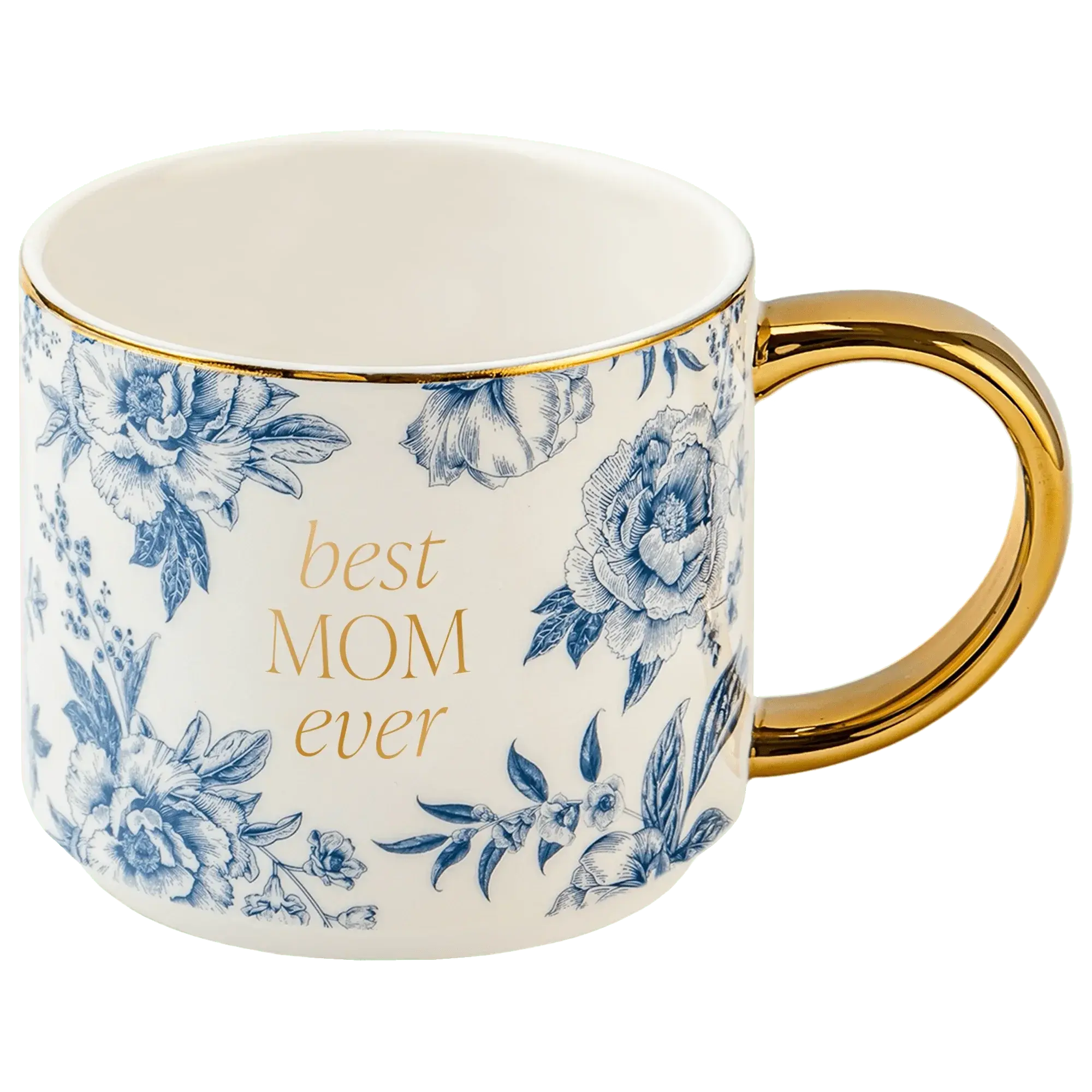 Best Mom Ever mug with blue floral design and gold handle, cozy farmhouse style gift