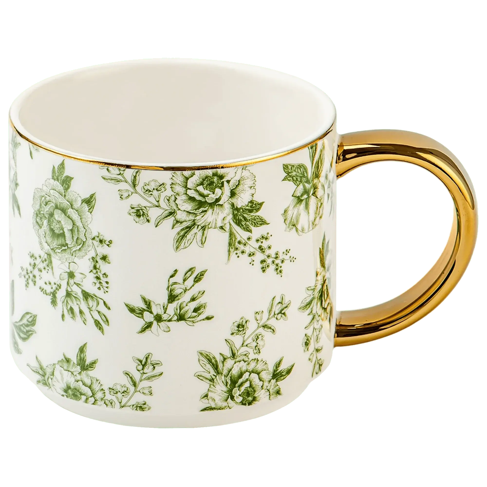 White ceramic mug with green floral print and gold handle, farmhouse cottage style home decor