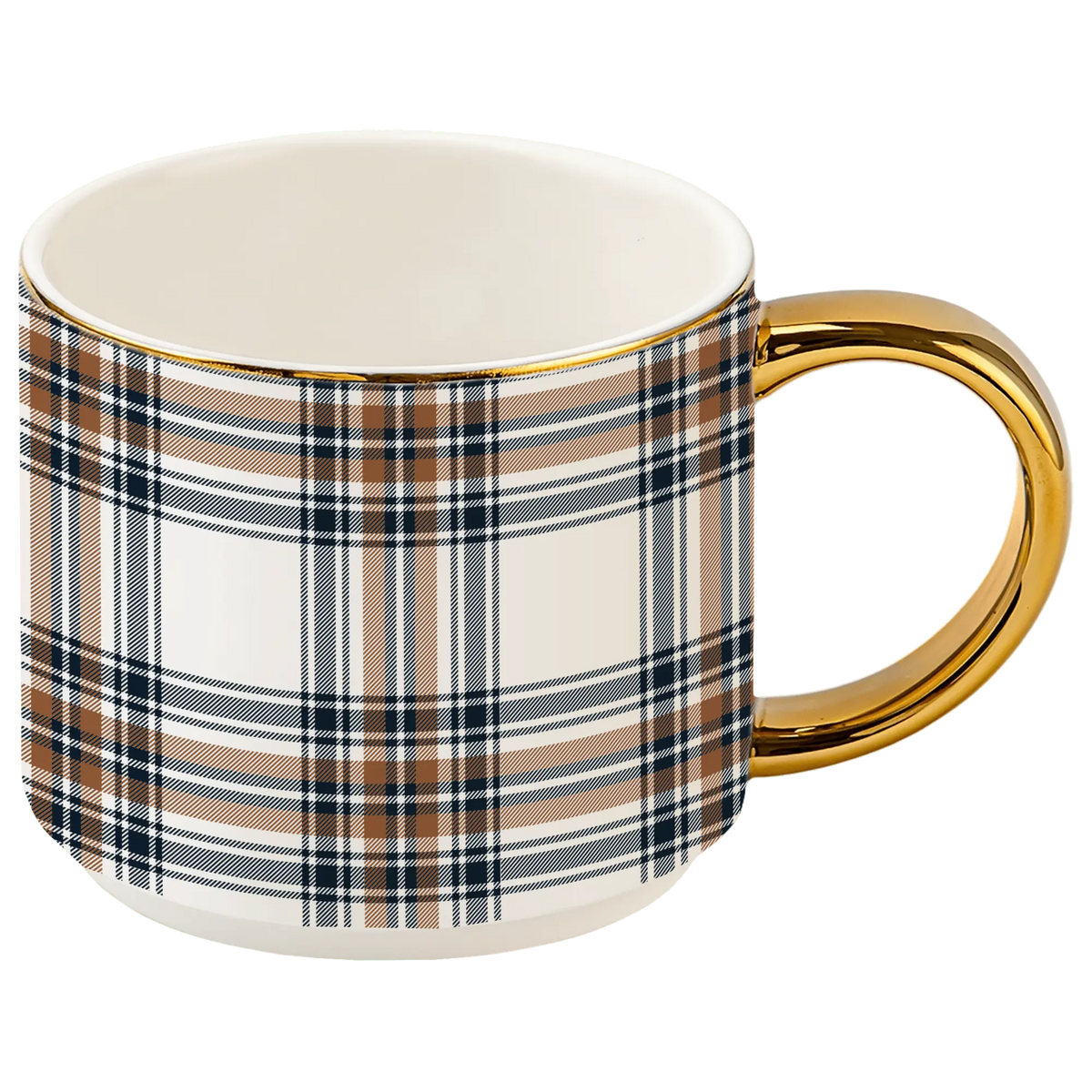 A ceramic mug with a white base, featuring a brown, navy, and white plaid pattern, a gold rim, and a shiny gold handle, set against a solid dark green background.