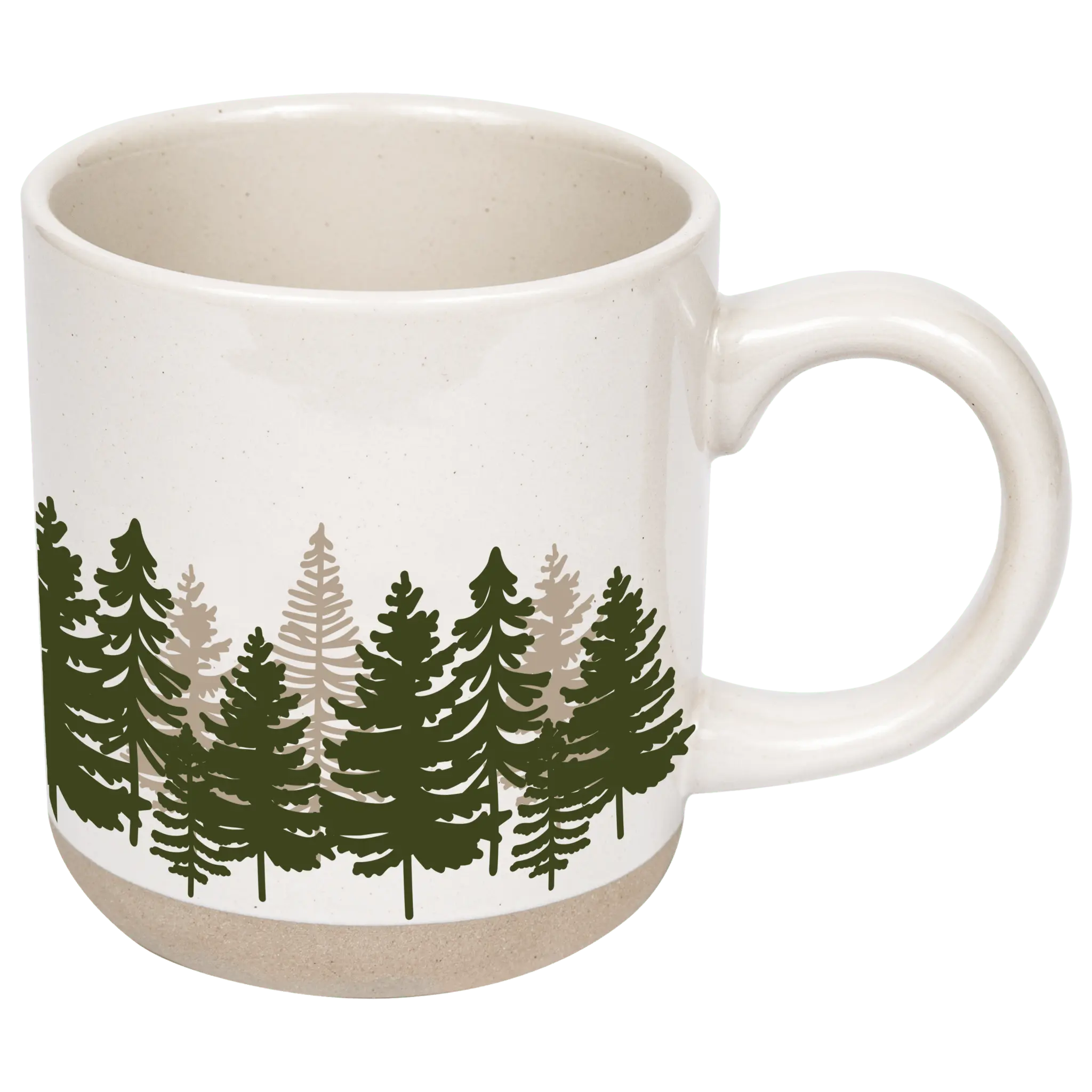 A white ceramic mug with a handle, featuring a printed pattern of green and beige pine trees around the lower half, set against a solid dark green background.
