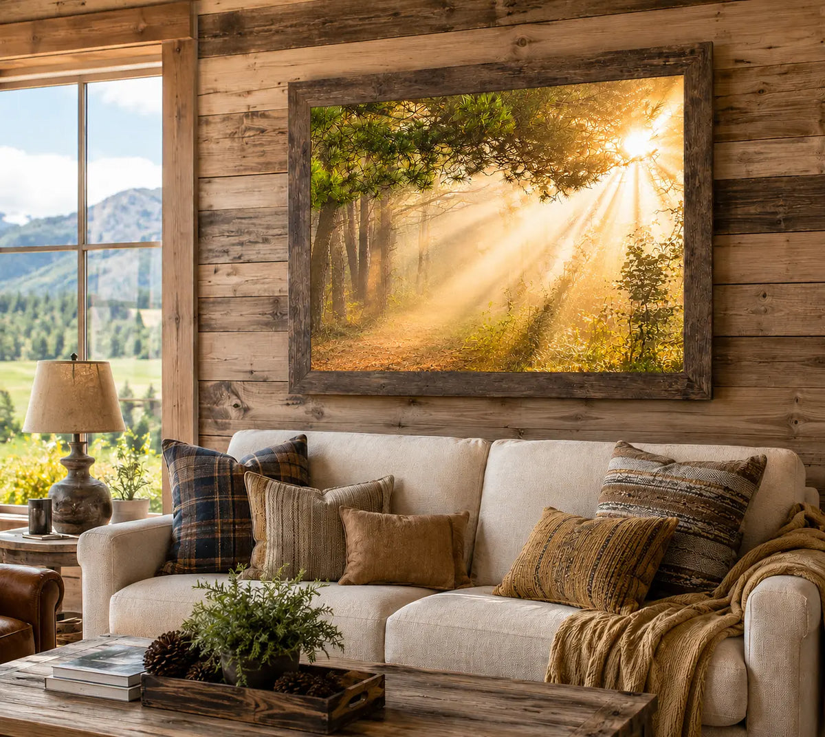 Cozy living room with a large framed picture of a sunlit forest on a wooden wall.