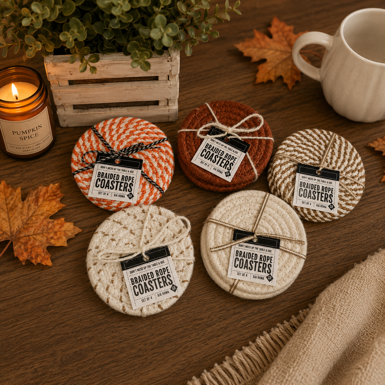 Set of braided rope coasters on a wooden surface with a candle and mug in the background.