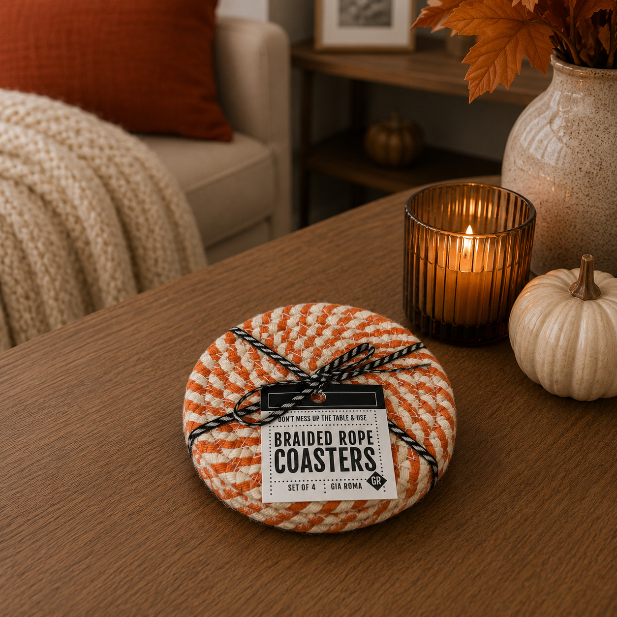 Braided rope coasters on a wooden table with a candle and decorative items.