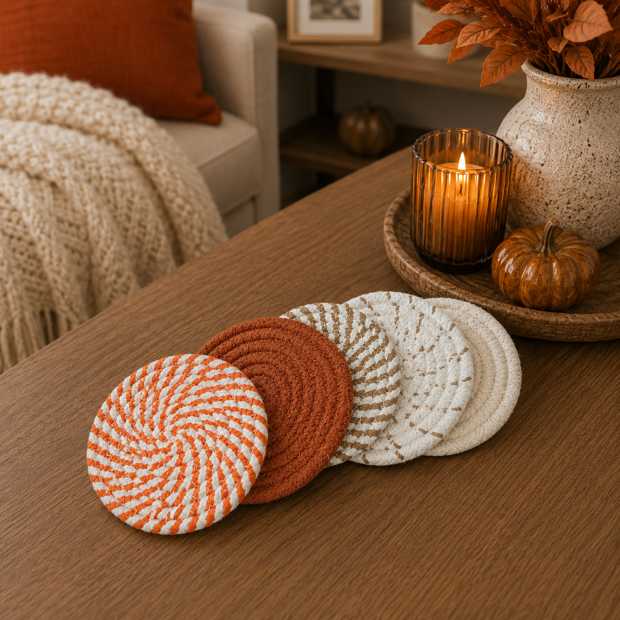 Set of round woven coasters on a wooden table with a candle and decorative elements.