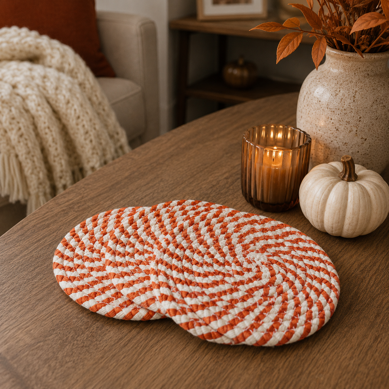 Two orange and white woven coasters on a wooden table with a candle and pumpkin in the background.