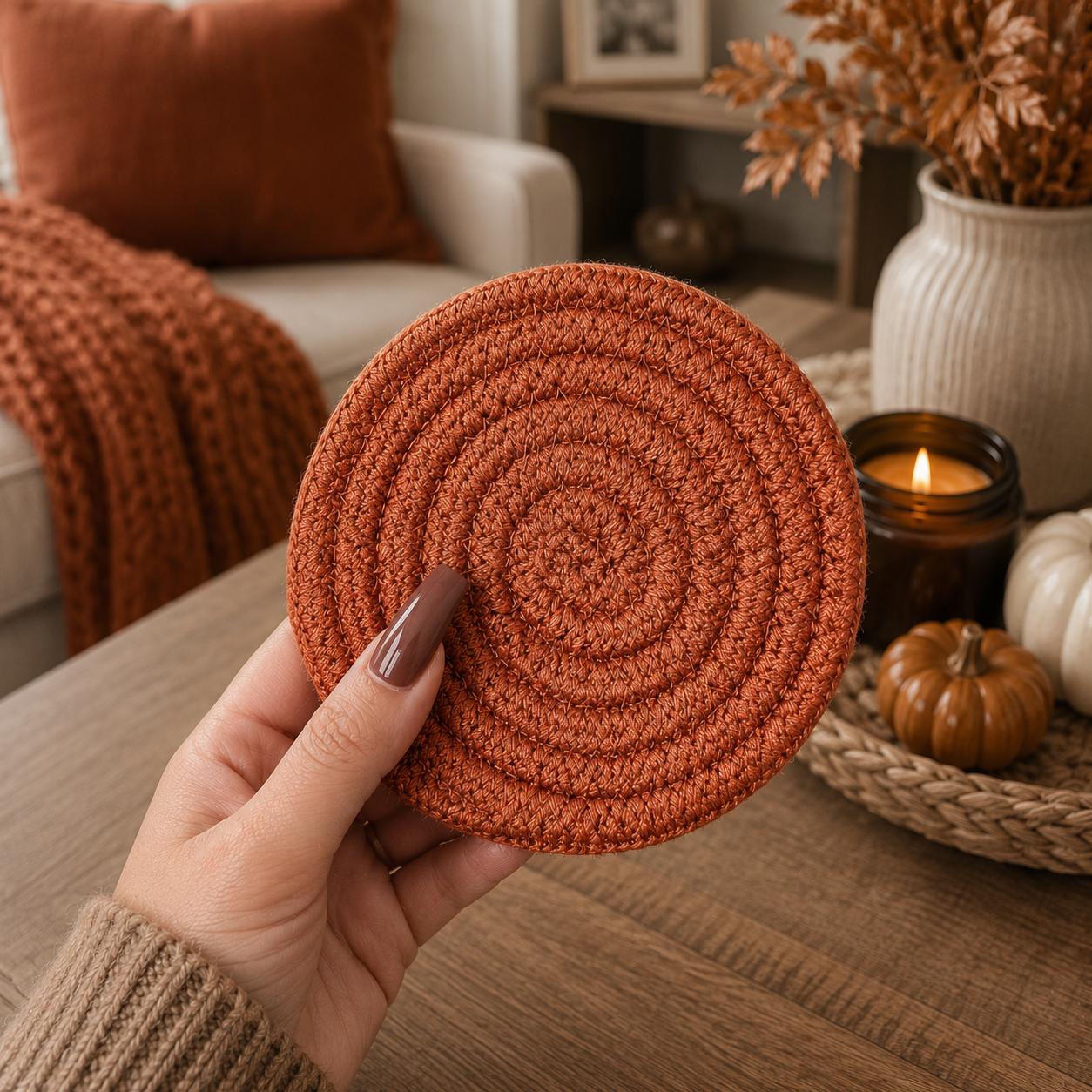 Hand holding a brown woven coaster with a cozy living room in the background