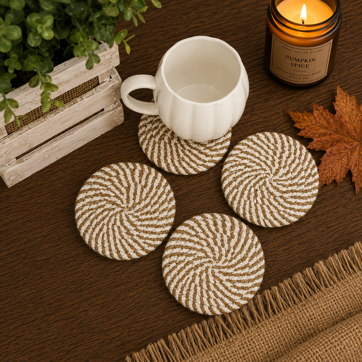 Set of round woven coasters on a wooden surface with a mug, candle, and decorative elements.