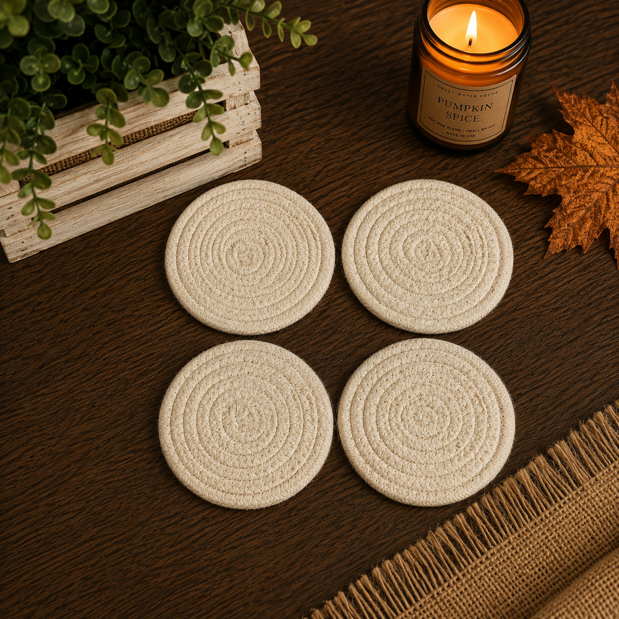 Four beige coasters on a wooden surface with a candle and decorative elements.