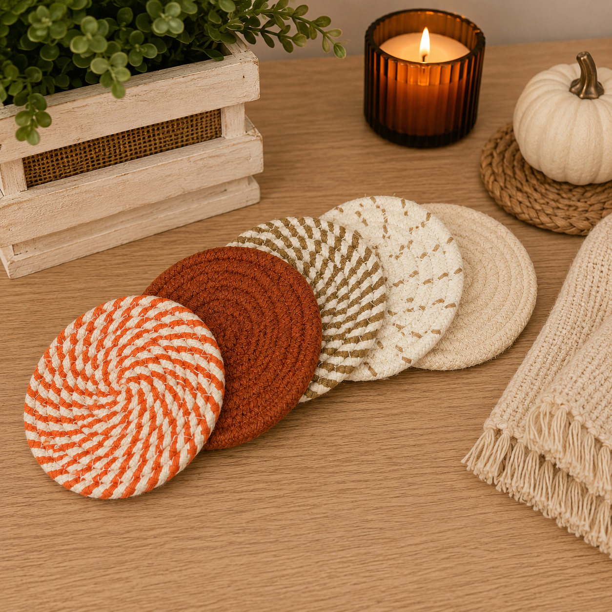 Set of woven coasters on a wooden surface with a candle and decorative items.