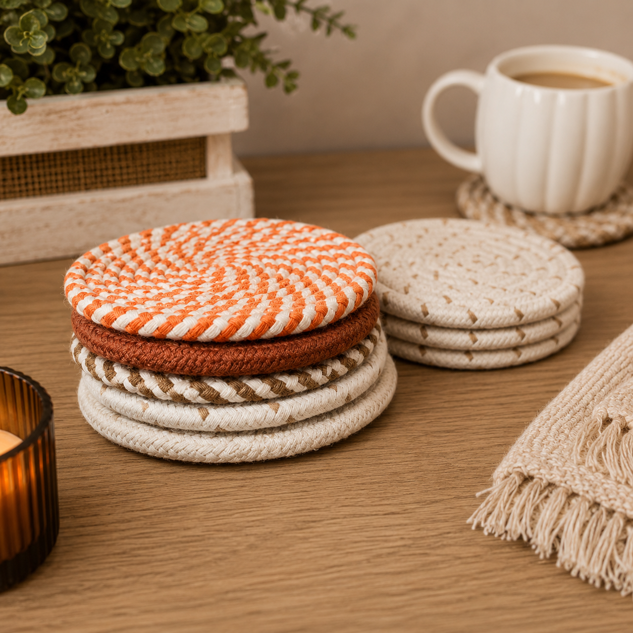 Stack of woven coasters on a wooden surface with a cup of coffee and candle.