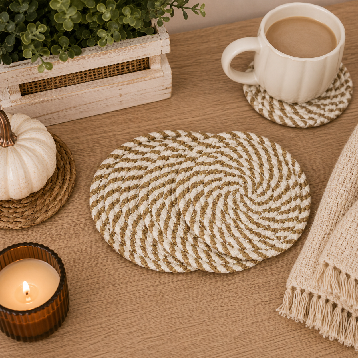 Woven coasters on a wooden surface with a cup of coffee, candle, and decorative items.