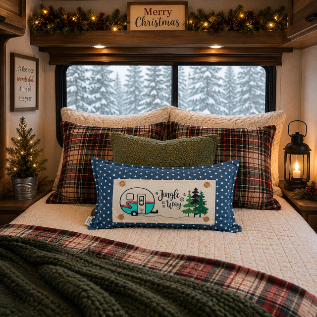 A cozy bedroom scene inside an RV or camper, with a bed made up in cream bedding and plaid pillows, a lit lantern on a nightstand, and a decorative Christmas sign above the window. The main sellable item appears to be the rectangular blue throw pillow in the foreground featuring a white label that reads “Jingle Joy” with a camper and tree illustration.