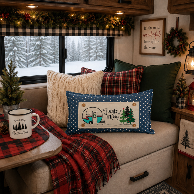 A rectangular decorative throw pillow with a blue polka-dot border and a central cream panel reading 'Jingle Joy Way' with a camper illustration, styled on a beige sofa inside a rustic holiday RV with red plaid pillows and blankets.