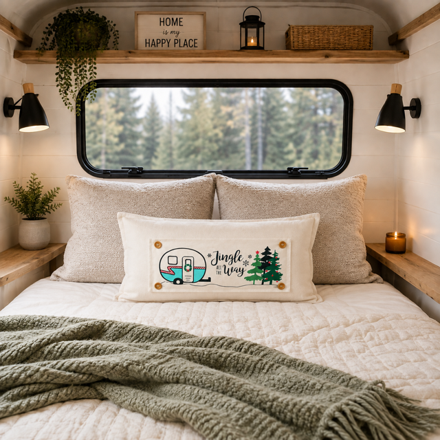 A cozy bedroom setup inside a camper or small RV, featuring a bed with cream bedding, two beige pillows, a green knit throw blanket, and a decorative rectangular pillow printed with a retro camper, pine trees, and the words “Jingle Joy Way.” Above the bed is a large black-framed window looking out onto a forest, with wooden shelves, wall sconces, plants, and a basket in the background.