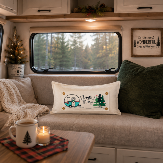 A cozy RV or camper interior with a beige sofa, a decorative throw pillow reading “Jingle Joy” with a retro trailer and pine tree illustration, a window view of trees outside, a small lit Christmas tree, and a table with a mug and candle in the foreground.