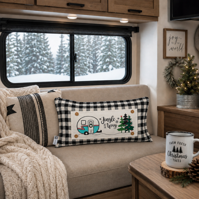 A rectangular decorative throw pillow with a black-and-white buffalo plaid border and a central holiday illustration of a camper, pine tree, and the words “Jingle Joy Way,” resting on a beige sofa inside an RV. A snowy forest is visible through the window behind it.