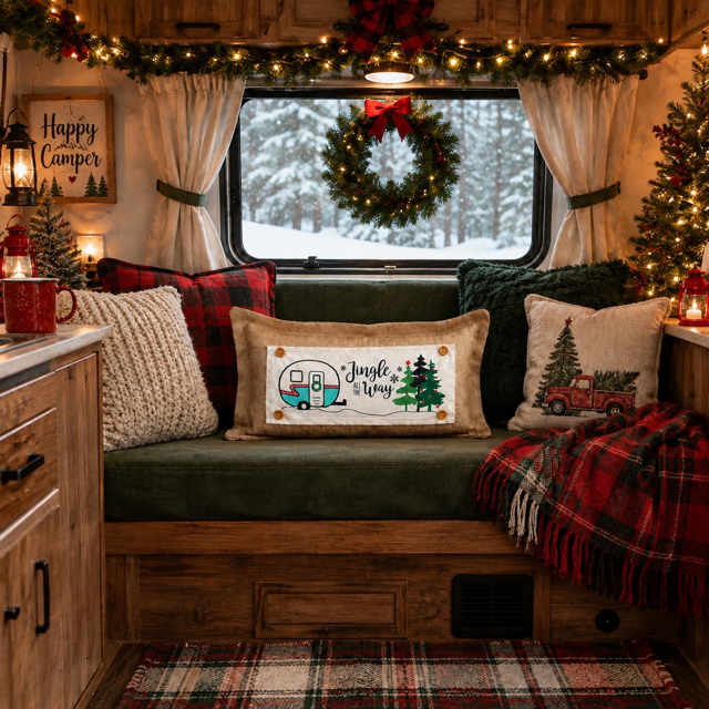 A cozy holiday-themed camper interior with a green bench seat decorated with red plaid and cream pillows, a red fringed throw blanket, a Christmas wreath on the window, and warm string lights.