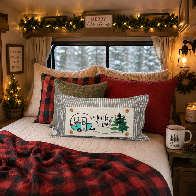 A cozy bedroom scene inside a camper or RV with a bed made up with red and black plaid blankets and pillows. The central decorative pillow features a white panel with a retro camper illustration and the words 'Jungle Way' alongside a green pine tree.