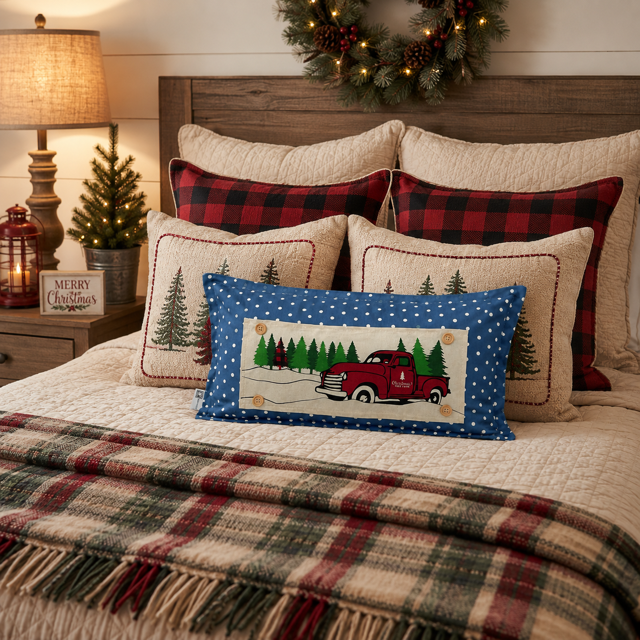 Red Buffalo Plaid Christmas Tree Truck Interchangeable Rectangle Pillow Panel